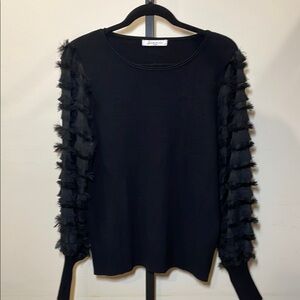 Sioni Black Knit Top with Fringe Sleeves